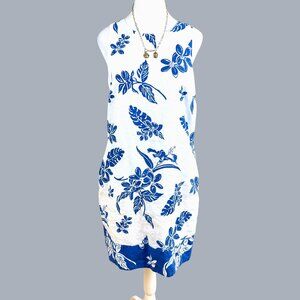 Tommy Bahama Linen Dress Tropical Floral White Blue Pockets (S)